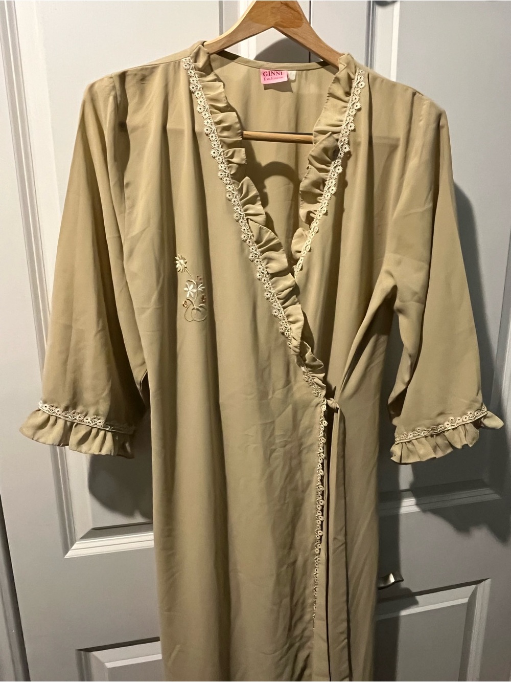 Classic Cream Wrap Robe Dress with Ruffle and Intricate Lace Trim